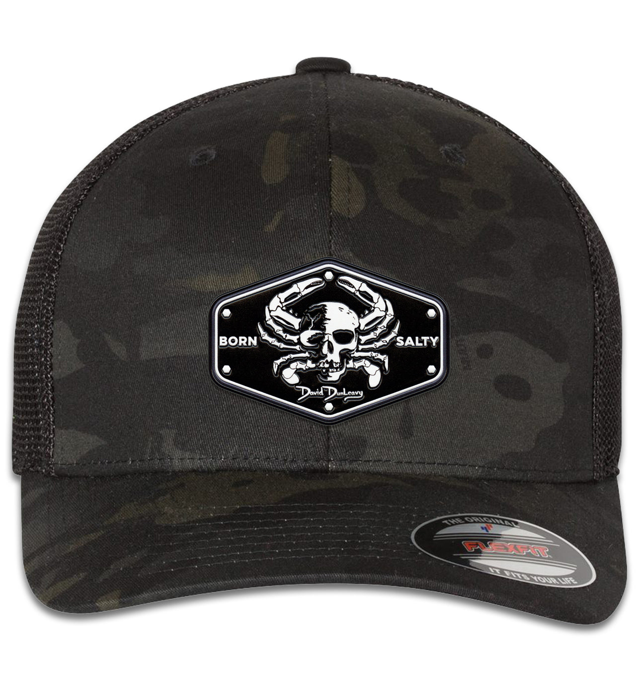 Born Salty Skull Crab 6 Panel Trucker Snapback Multicam Black Black Hat