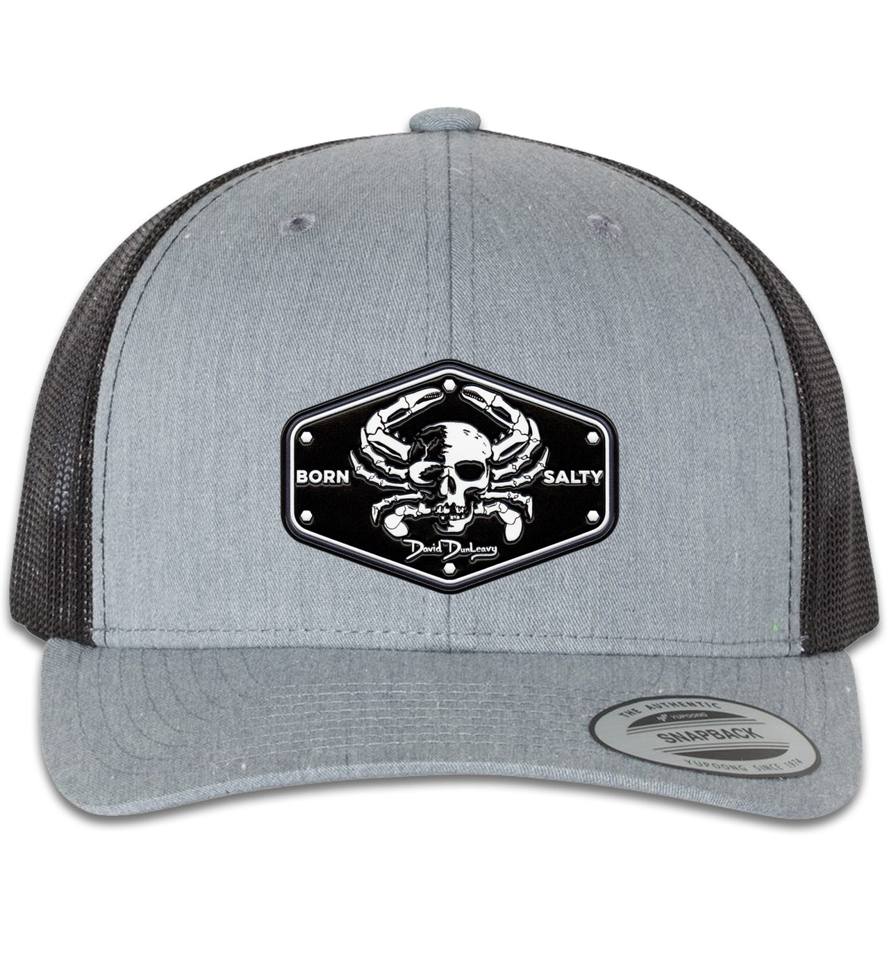 Born Salty Skull Crab 6 Panel Trucker Snap Back Hat Heather Grey Black