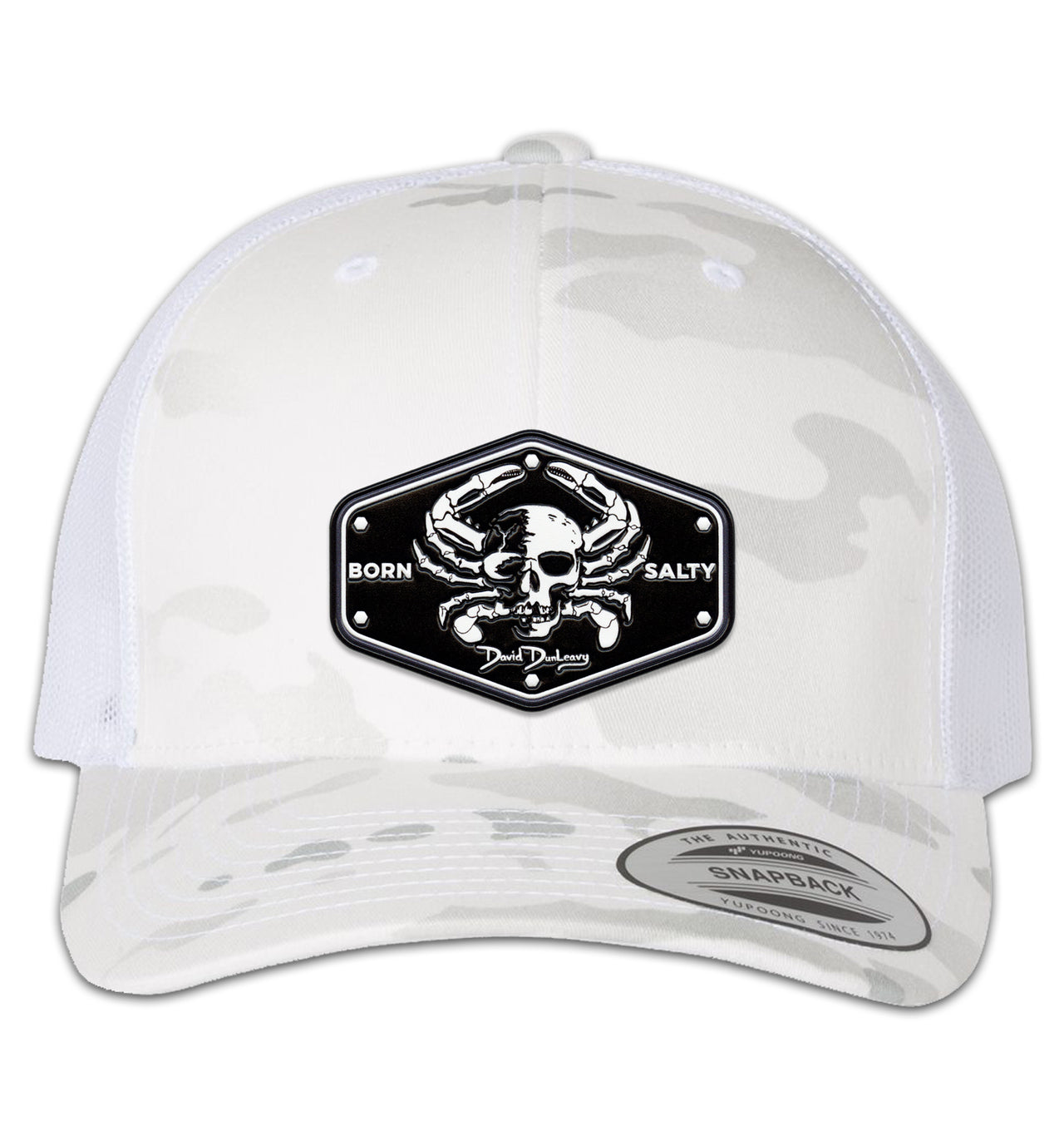 Born Salty Skull Crab 6 Panel Trucker Snap Back Mulitcam Alpine White Hat