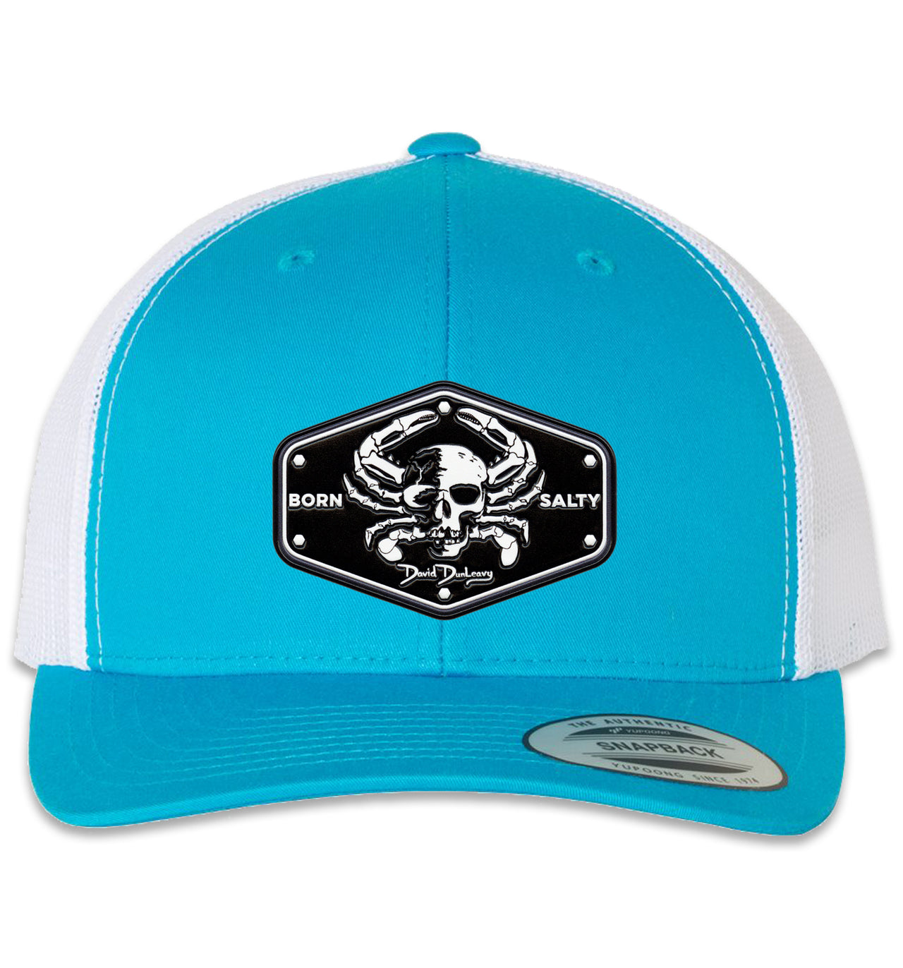Born Salty Skull Crab 6 Panel Trucker Snap Back Hat Turquoise White