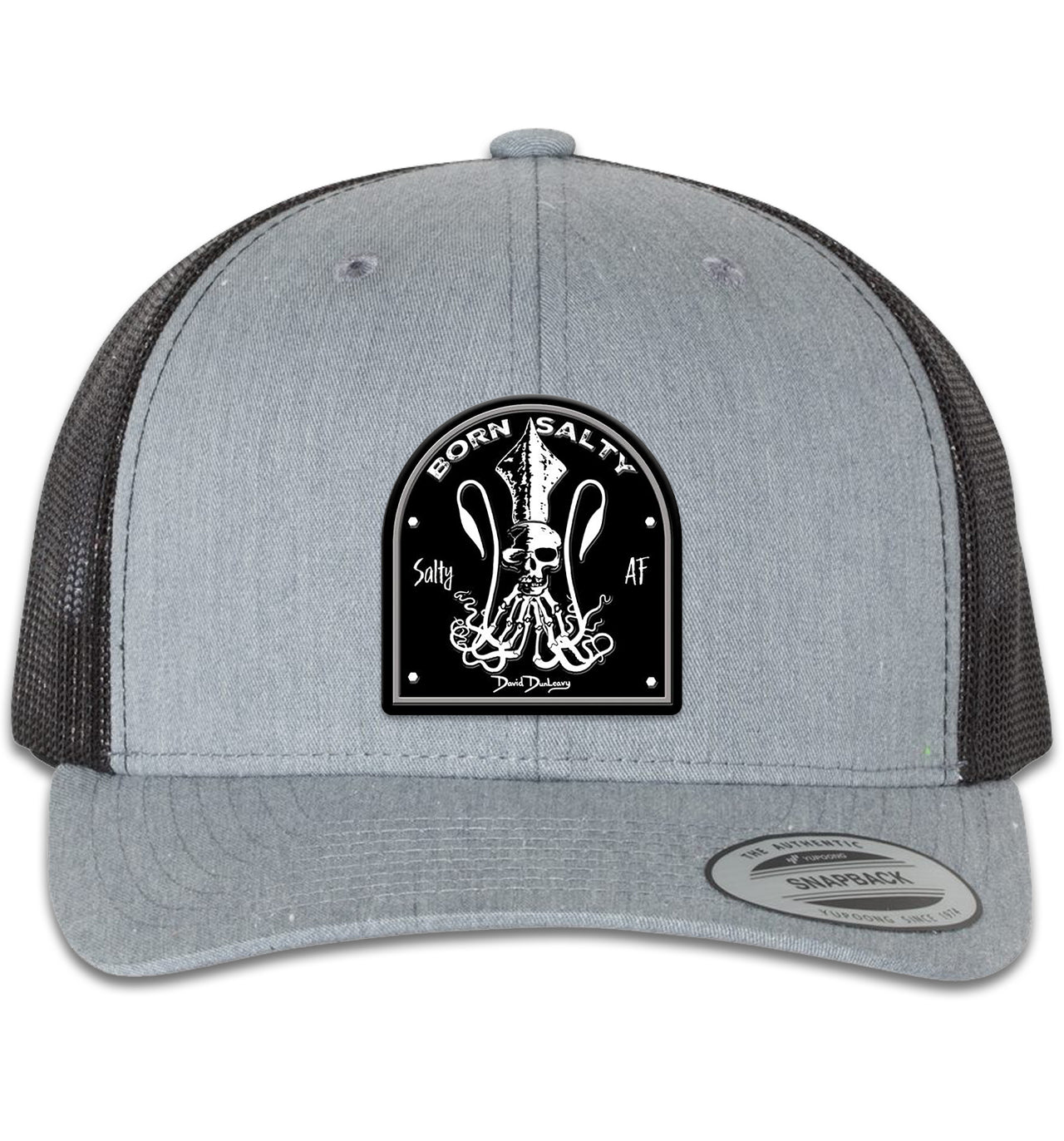 Born Salty Skull Kraken 6 Panel Trucker Snap Back Hat Heather Grey Black