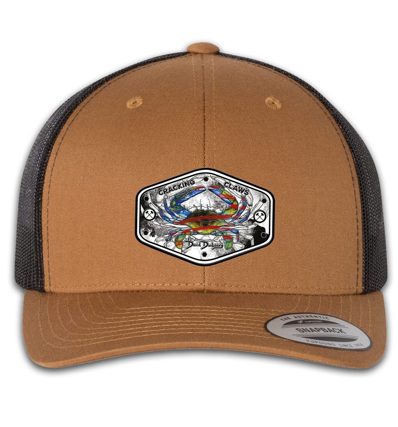 American Blue Crab 6 Panel Trucker Snap Back Caramel Black Hat