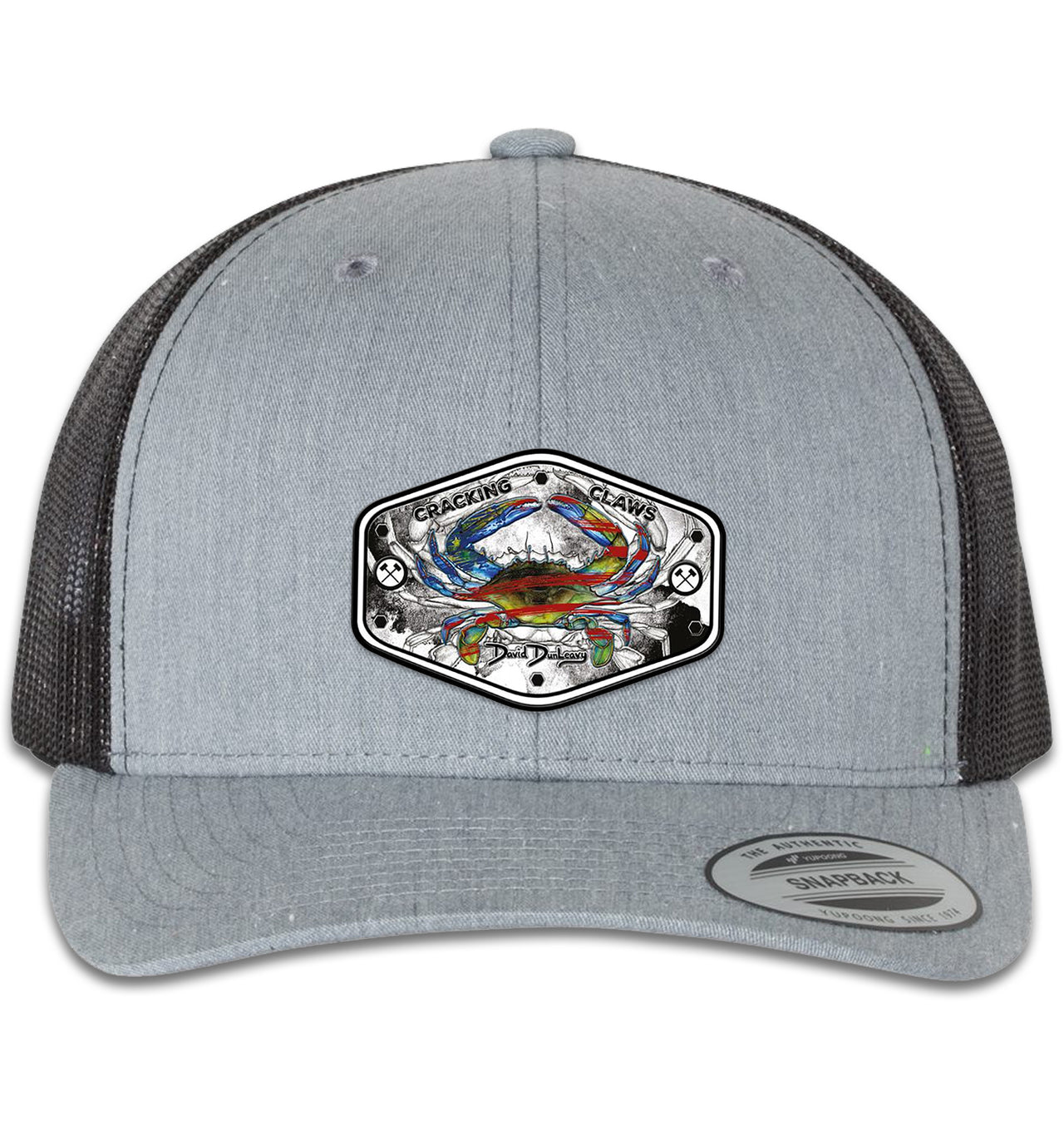 American Blue Crab 6 Panel Trucker Snap Back Heather Grey Black Hat