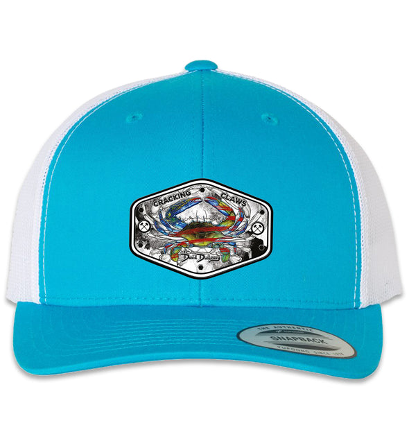 American Blue Crab 6 Panel Trucker Snap Back Turquoise White Hat