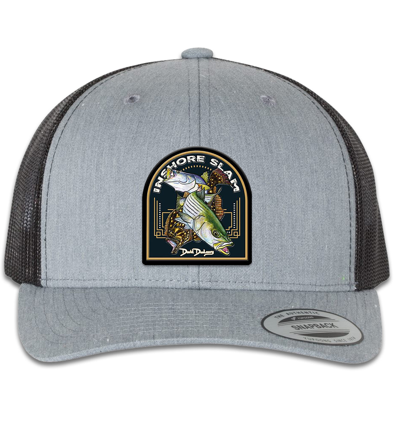 Inshore Slam 6 Panel Trucker Snap Back Heather Grey Black Hat