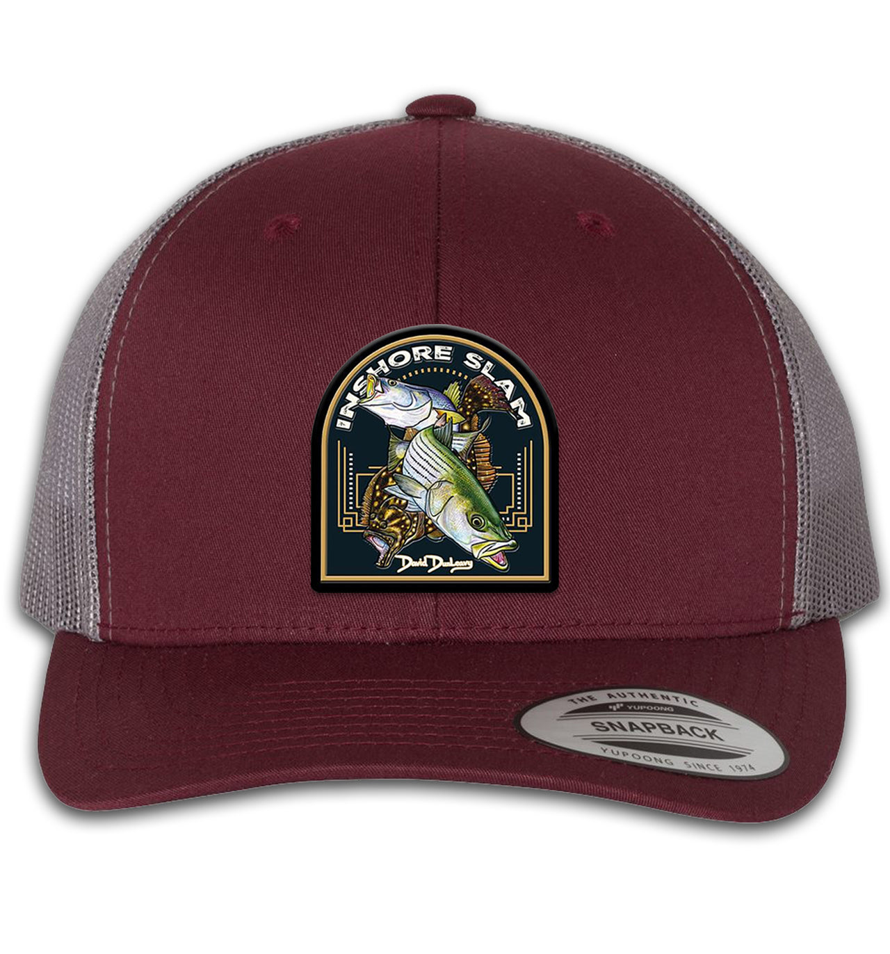Inshore Slam 6 Panel Trucker Snap Back Maroon Grey Hat
