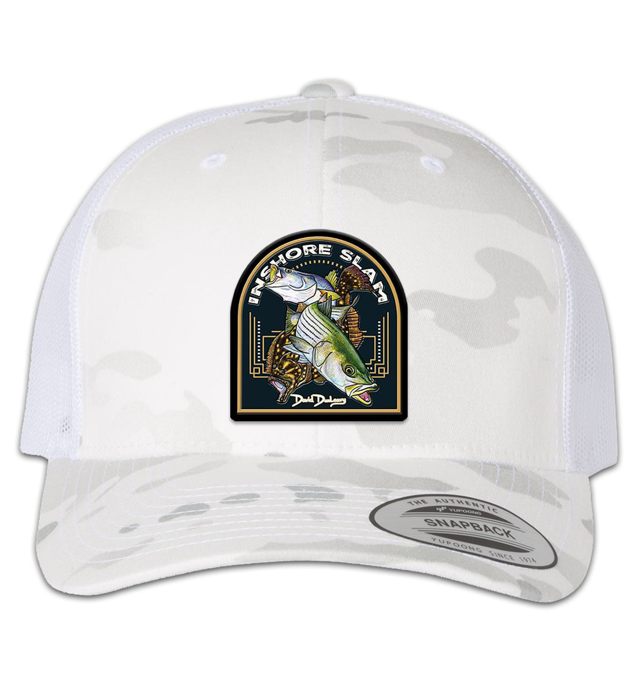 Inshore Slam 6 Panel Trucker Snap Back Multicam Alpine White Hat