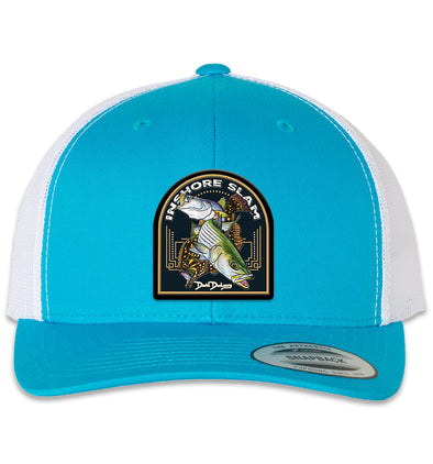 Inshore Slam 6 Panel Trucker Snap Back Turquoise White Hat