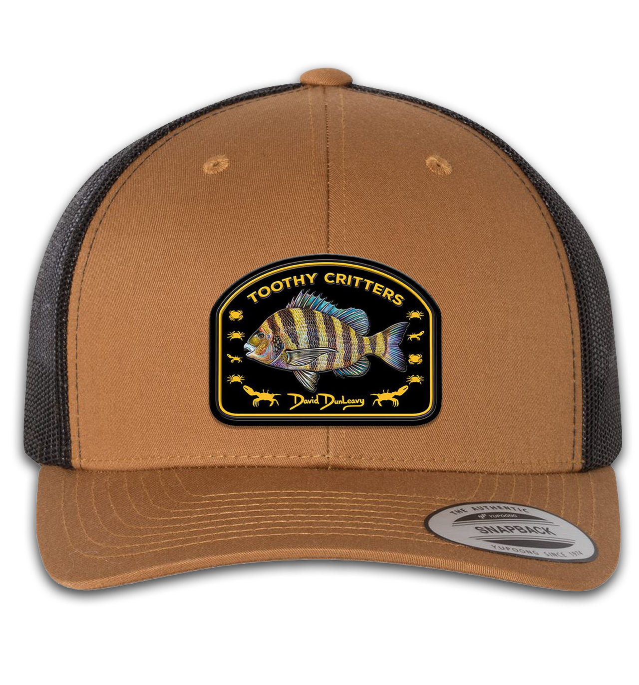 Sheepshead Toothy Critters 6 Panel Trucker Snap Back Caramel Black Hat