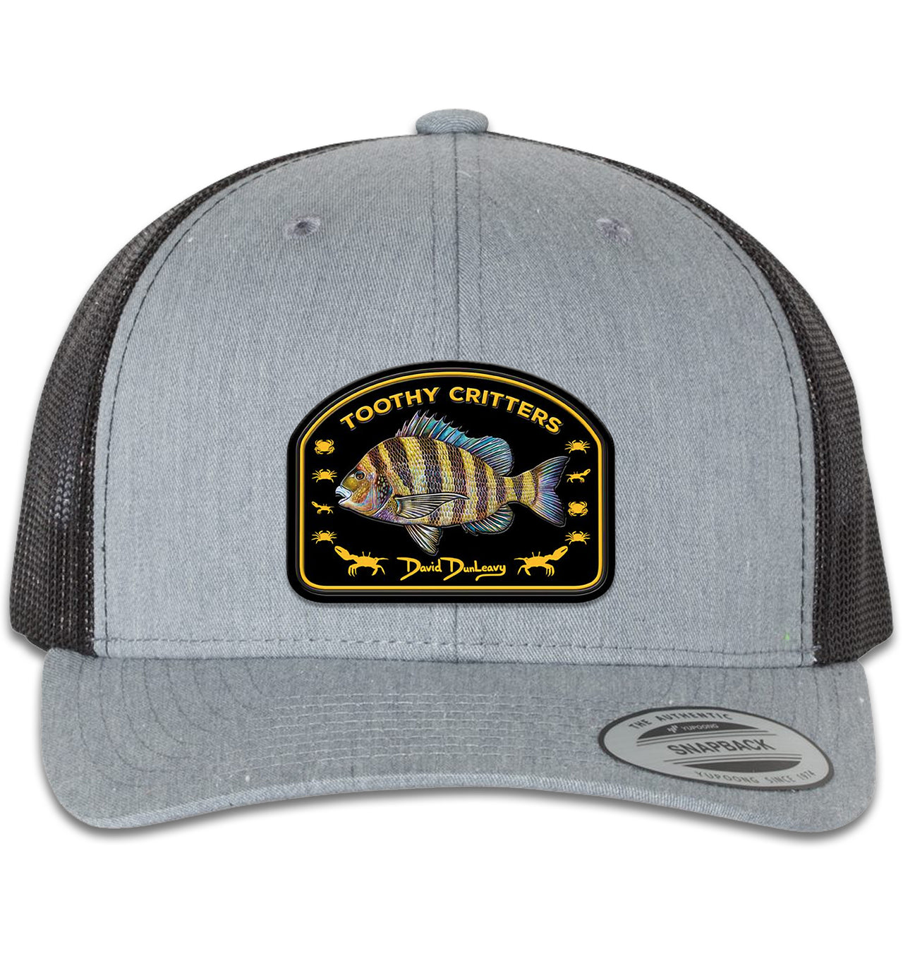 Sheepshead Toothy Critters 6 Panel Trucker Snap Back Heather Grey Black Hat
