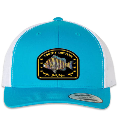 Sheepshead Toothy Critters 6 Panel Trucker Snap Back Turquoise White Hat