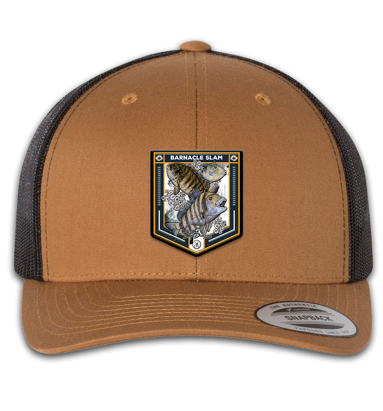 Barnacle Slam 6 Panel Trucker Snap Back Hat Caramel Black