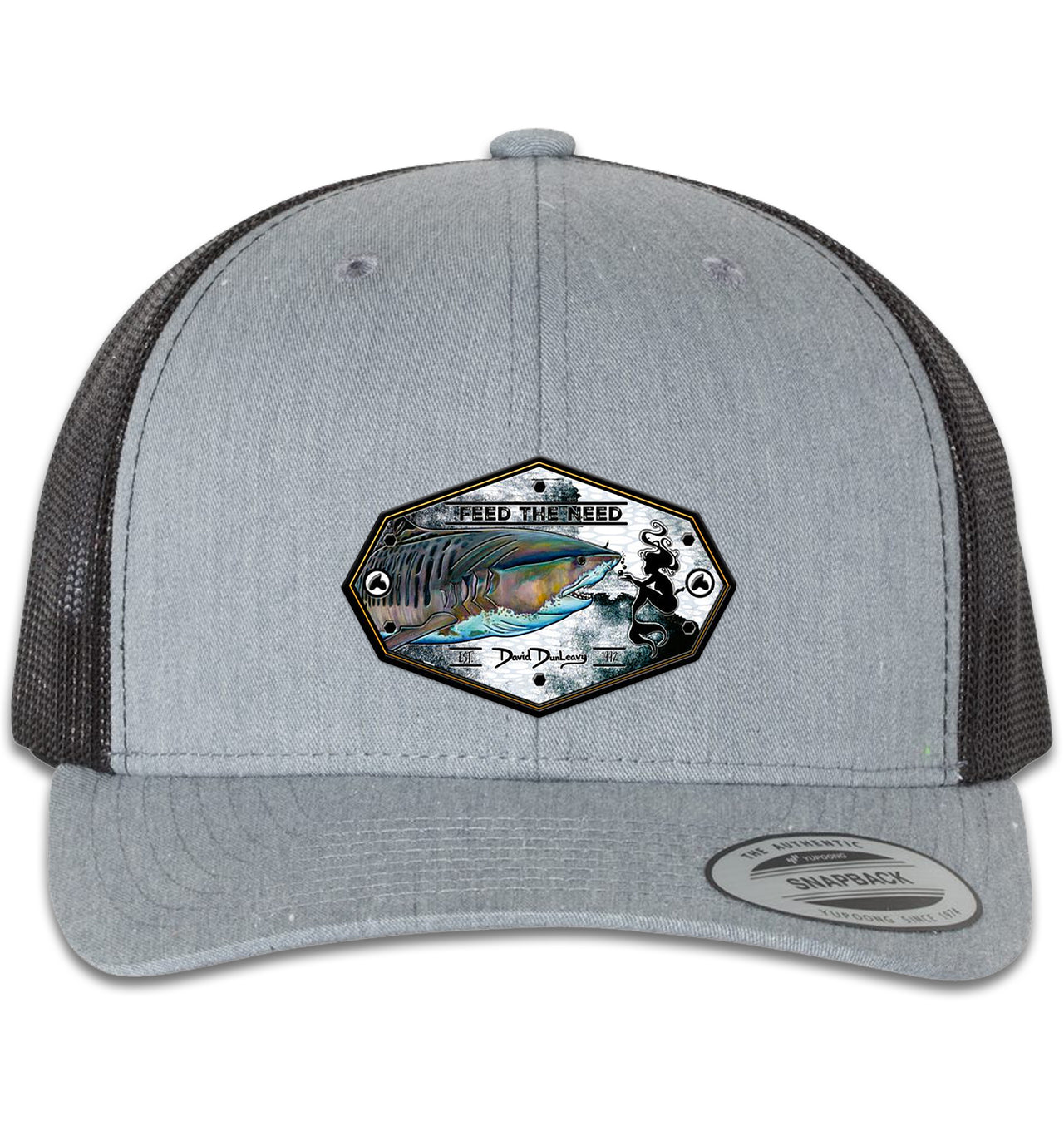 Tiger Shark & Mermaid 6 Panel Trucker Snap Back Heather Grey Black Hat
