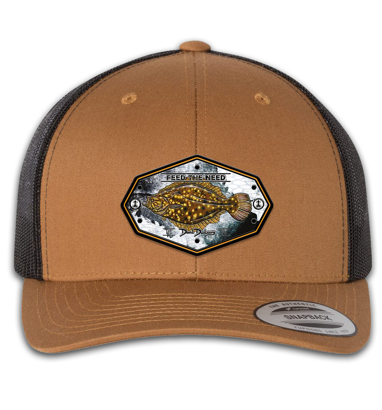 Flounder Kraken 6 Panel Trucker Snap Back Caramel Black Hat