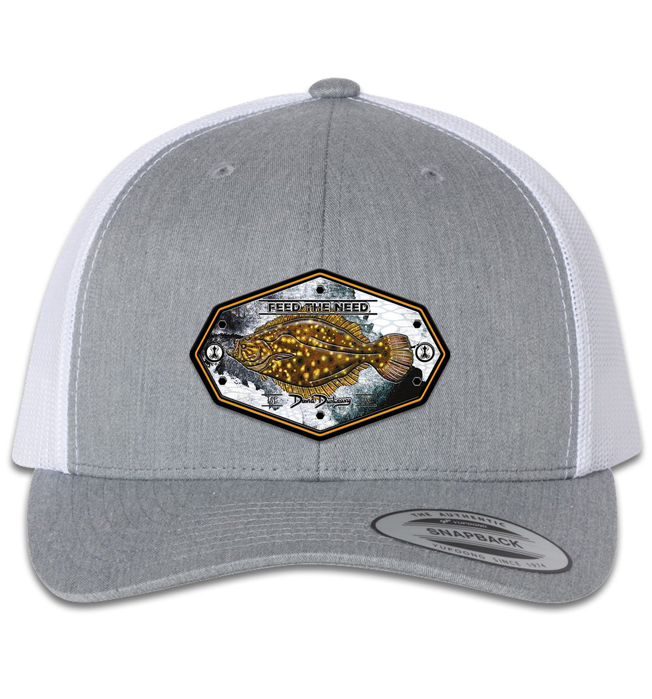 Flounder Kraken 6 Panel Trucker Snap Back Heather Grey White Hat