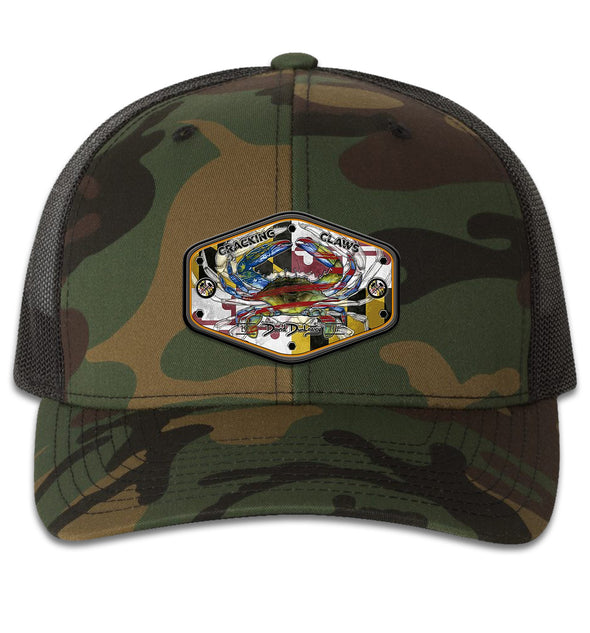 Maryland Ameri Blue Crab 6 Panel Trucker Snap Back Green Camo Black Hat