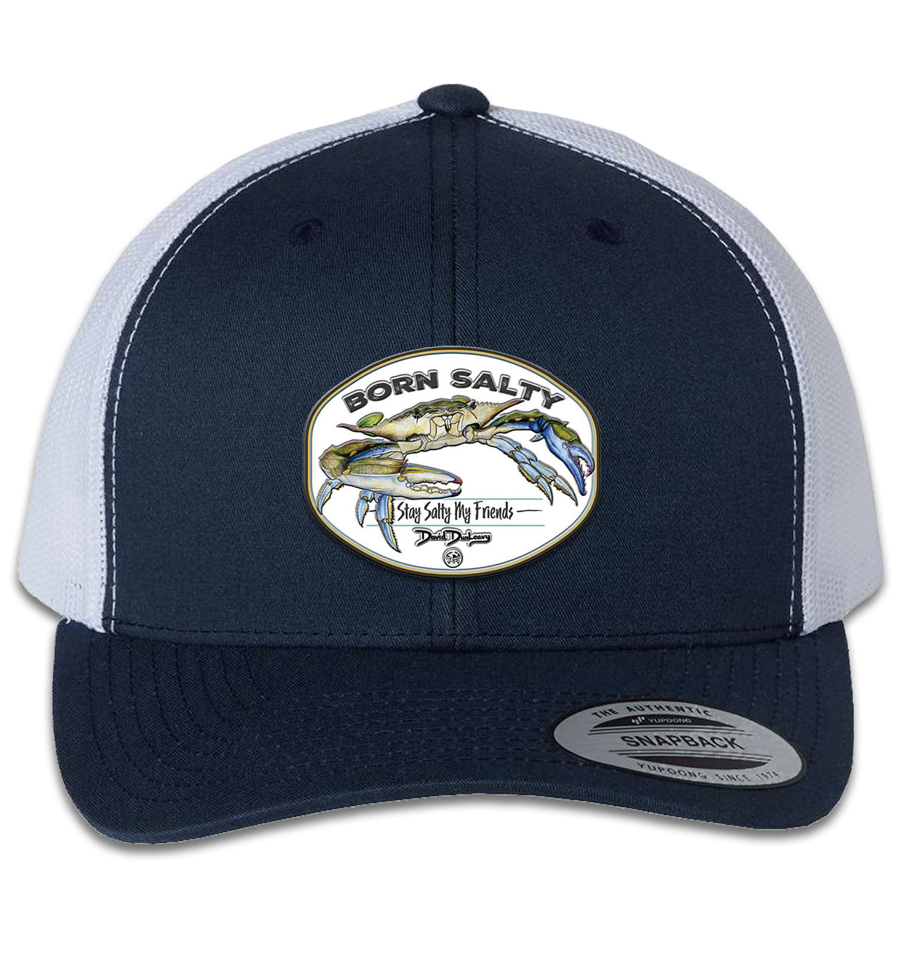 Born Salty Blue Crab 6 Panel Trucker Snapback Navy White Hat