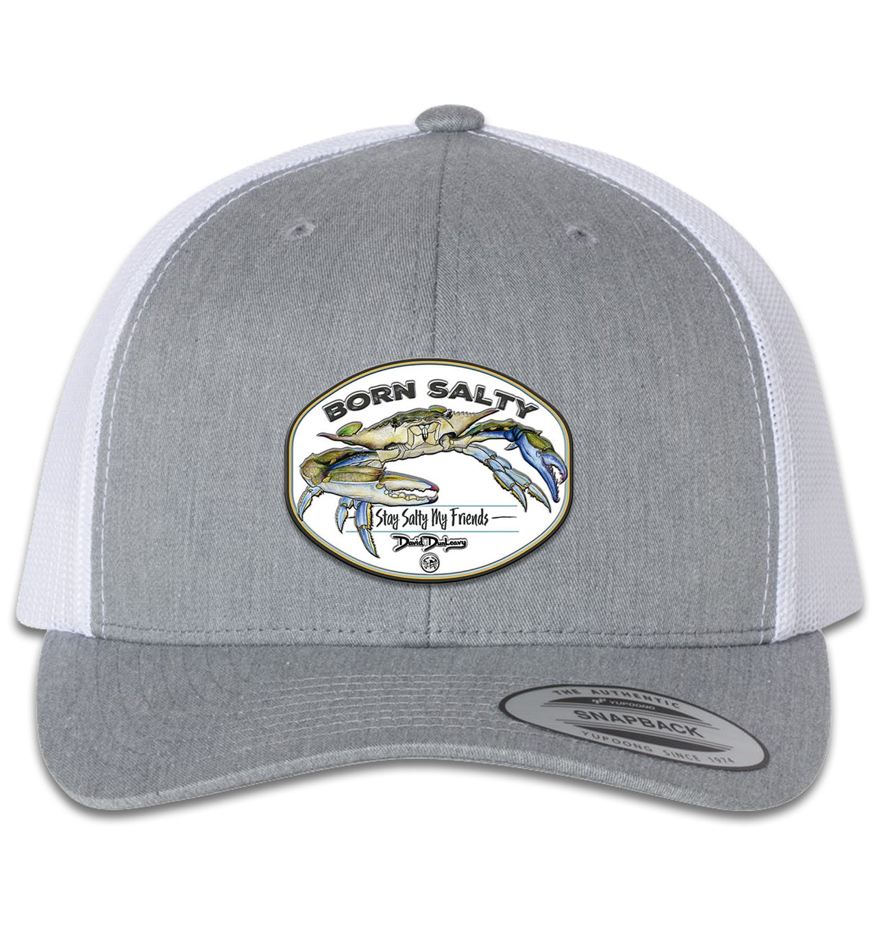 Born Salty Blue Crab 6 Panel Trucker Snapback Heather Grey White Hat