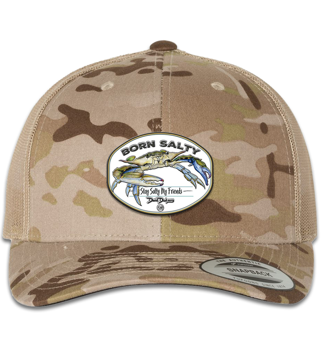 Born Salty Blue Crab 6 Panel Trucker Snapback Multicam Arid Tan Hat