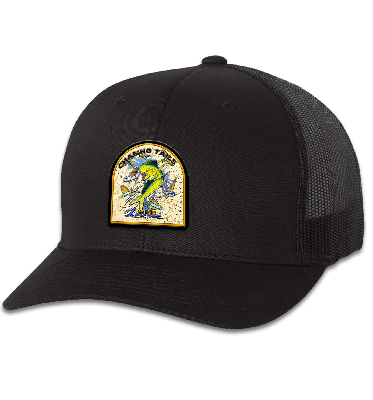 Chasing Tails Mahi 6 Panel Trucker Snapback Black Black Hat