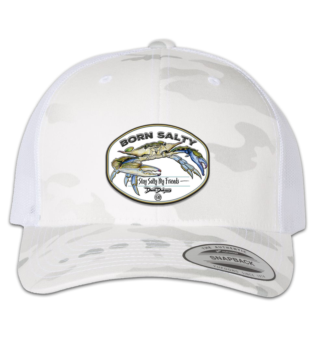 Born Salty Blue Crab 6 Panel Trucker Snapback Multicam Alpine White Hat