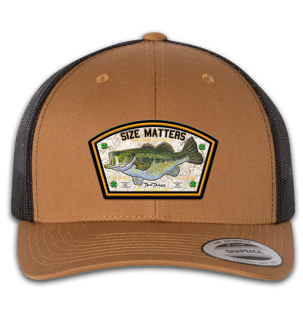 Size Matters Largemouth Bass 6 Panel Trucker Snap Back Hat Carmel Black