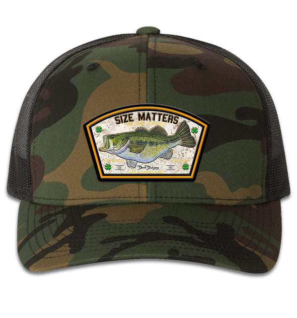 Size Matters Largemouth Bass 6 Panel Trucker Snap Back Hat Green Camo Black