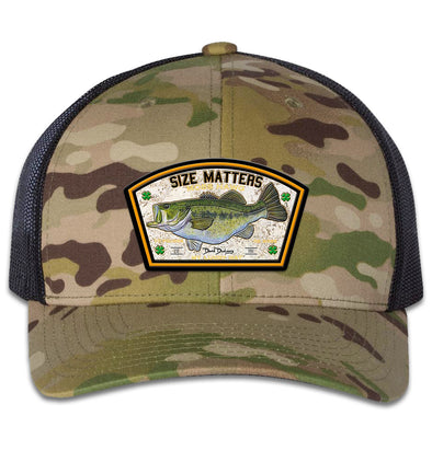 Size Matters Largemouth Bass 6 Panel Trucker Snap Back Hat Multicam Green Black