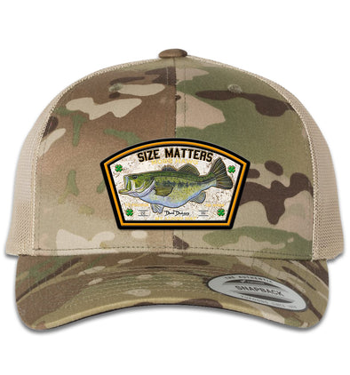 Size Matters Largemouth Bass 6 Panel Trucker Snap Back Hat Multicam Green Khaki