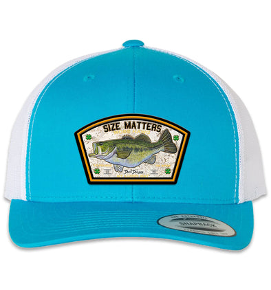 Size Matters Largemouth Bass 6 Panel Trucker Snap Back Hat Turquoise White