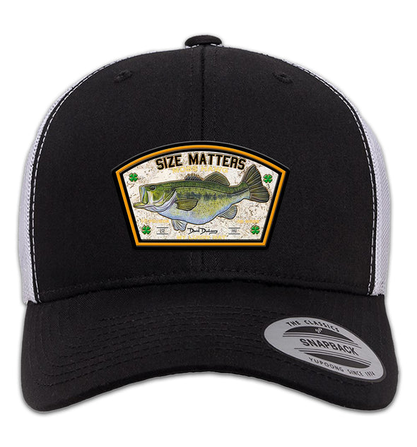 Size Matters Largemouth Bass 6 Panel Trucker Snap Back Hat Black White