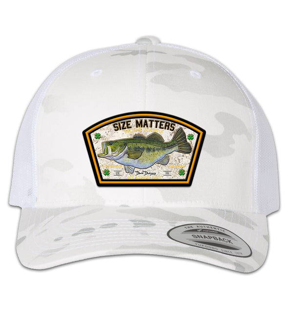 Size Matters Largemouth Bass 6 Panel Trucker Snap Back Hat Multicam Alpine White