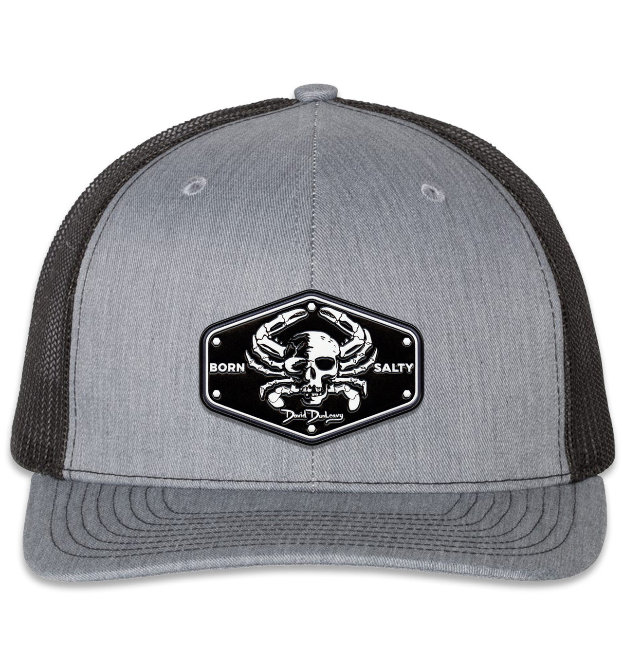 Born Salty Skull Crab 6 Panel Trucker Snap Back Heather Grey Black XL