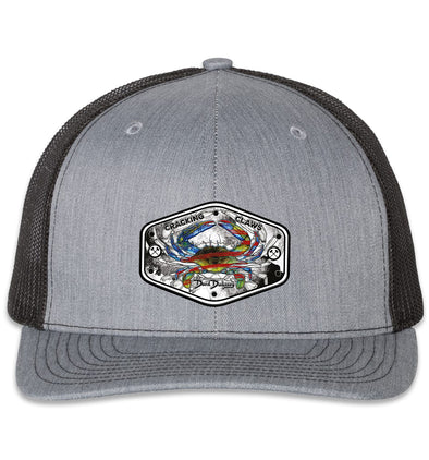 American Blue Crab Panel Trucker Snap Back Hat Heather Grey Black XL