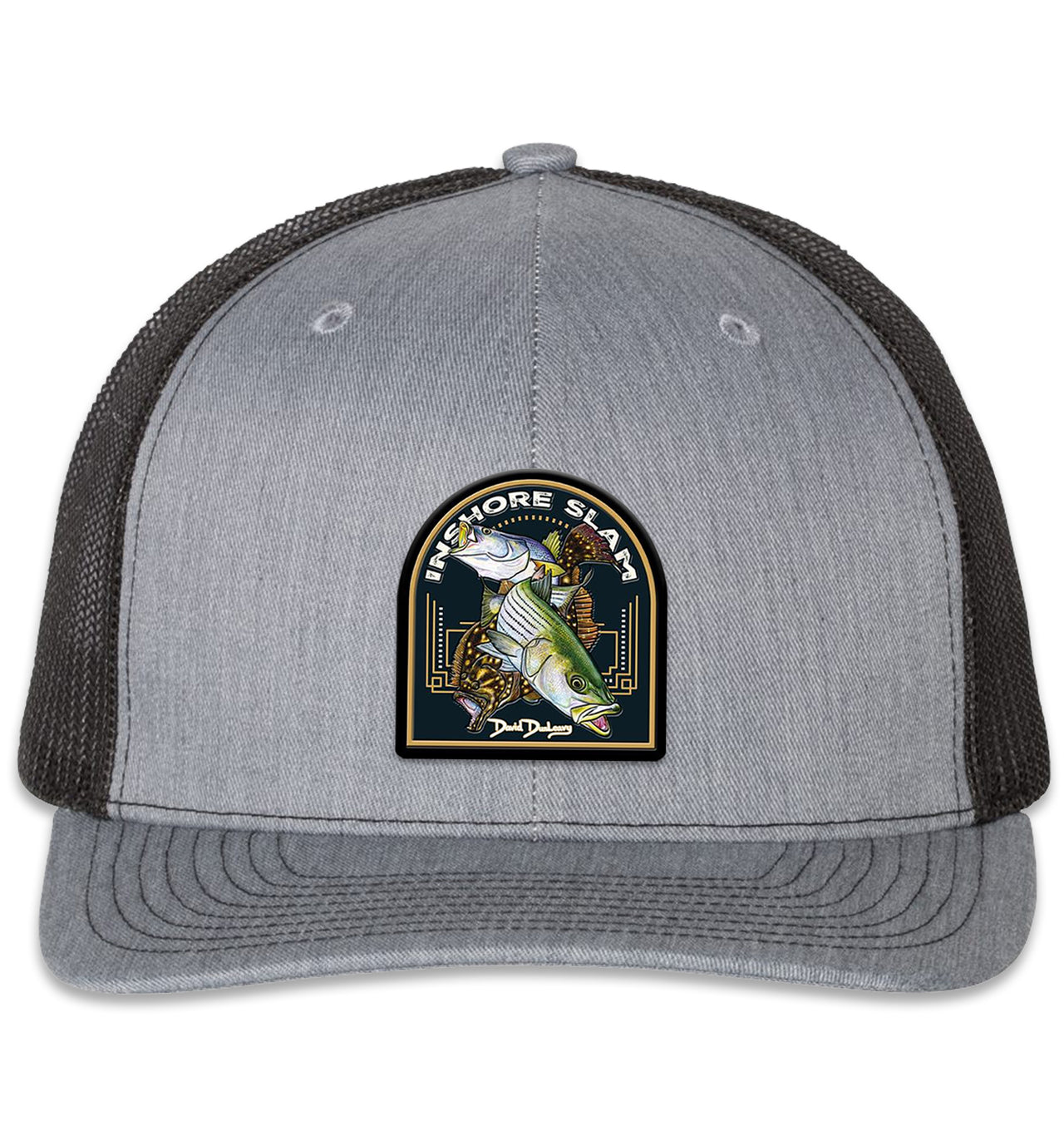 Inshore Slam 6 Panel Trucker Snap Back Hat Heather Grey Black XL