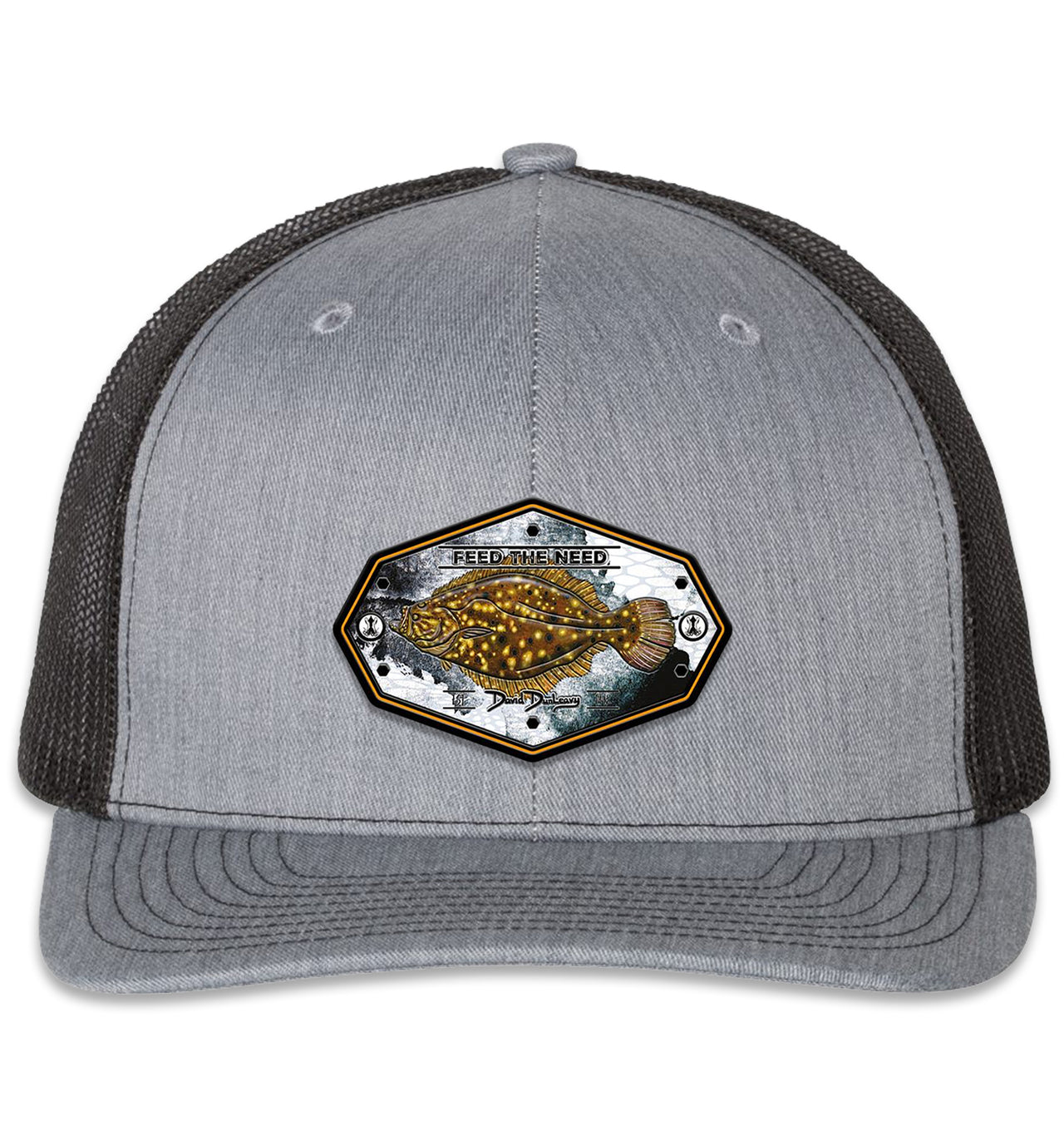 Flounder Kraken 6 Panel Trucker Snap Back Hat Heather Grey Black XL