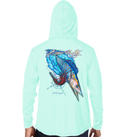 A person wearing a seagrass hooded long-sleeve shirt, shown from the back. The shirt features a large, colorful graphic of a wahoo on the back.