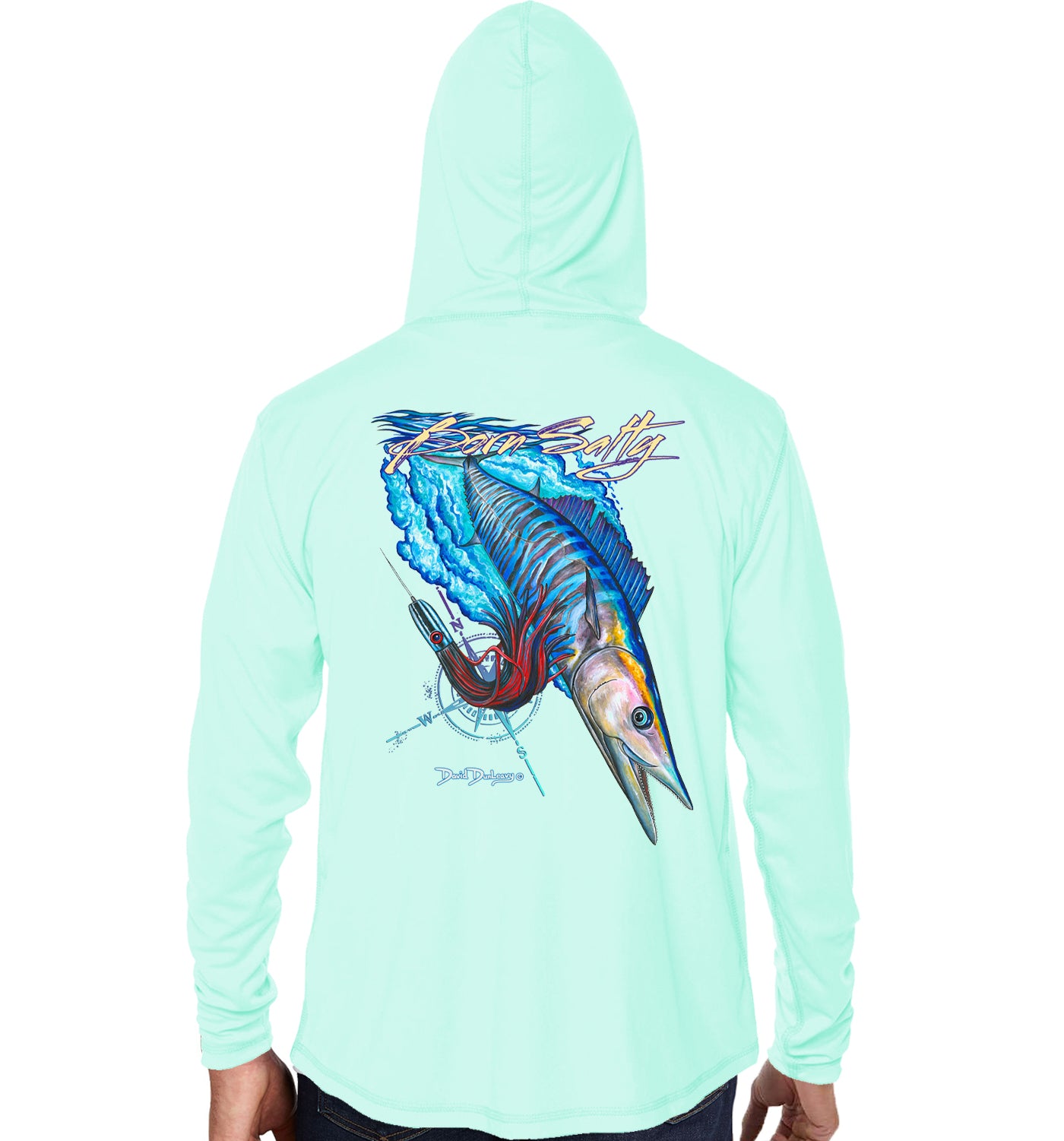 A person wearing a seagrass hooded long-sleeve shirt, shown from the back. The shirt features a large, colorful graphic of a wahoo on the back.