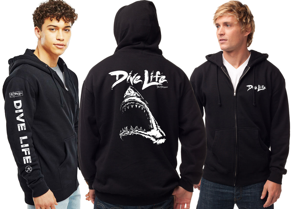Men's Dive Life White Shark Black Zip Hoodie