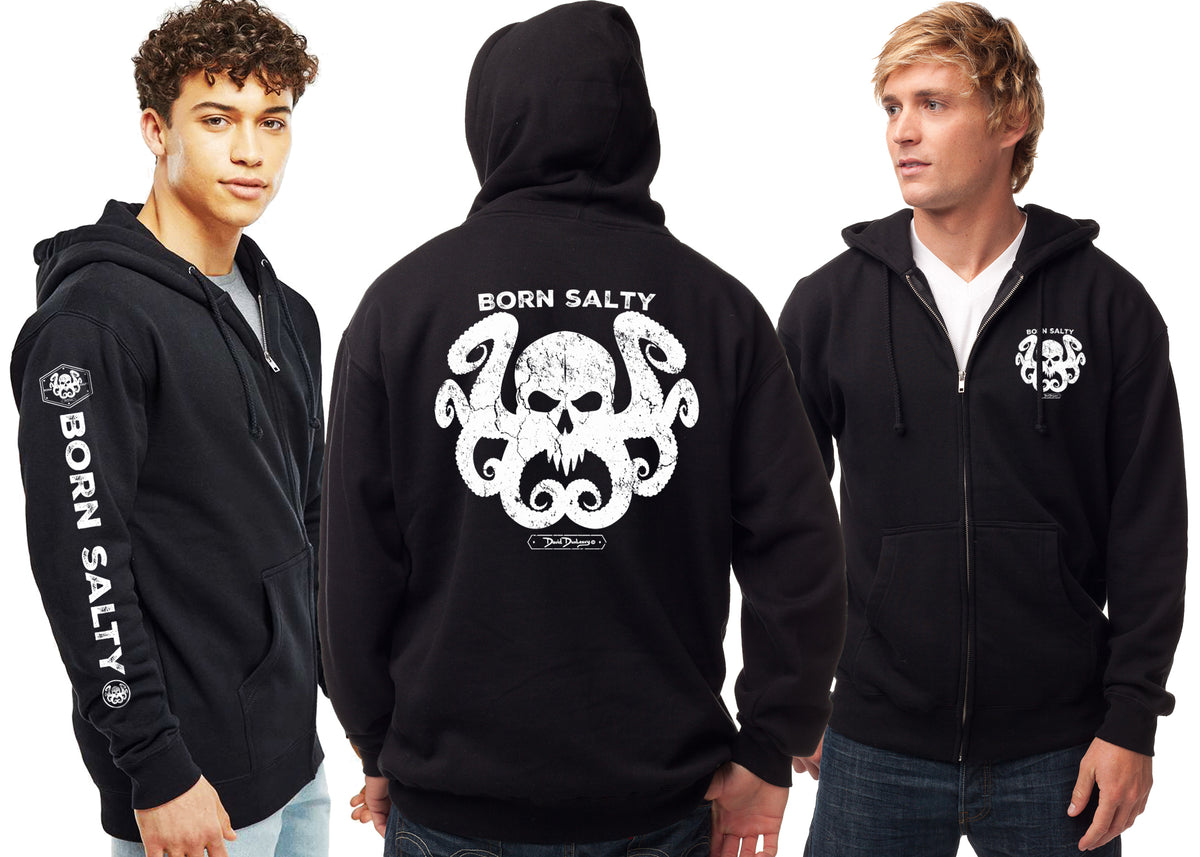 Men's Born Salty Octo Skull Black Zip Fleece Hoodie