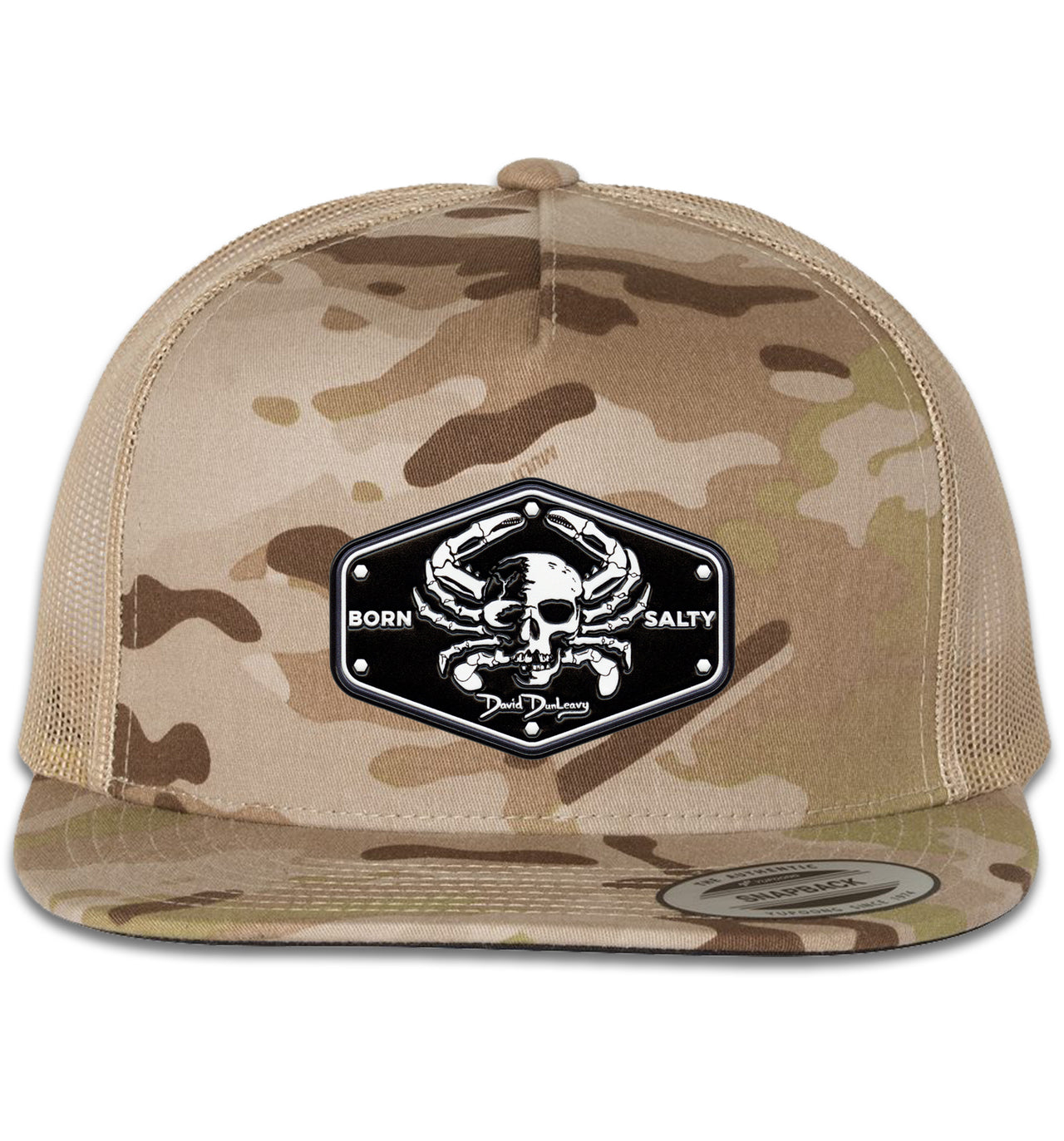 Born Salty Skull Crab Flat Bill 5 Panel Trucker Snap Back Multicam Arid Tan Hat