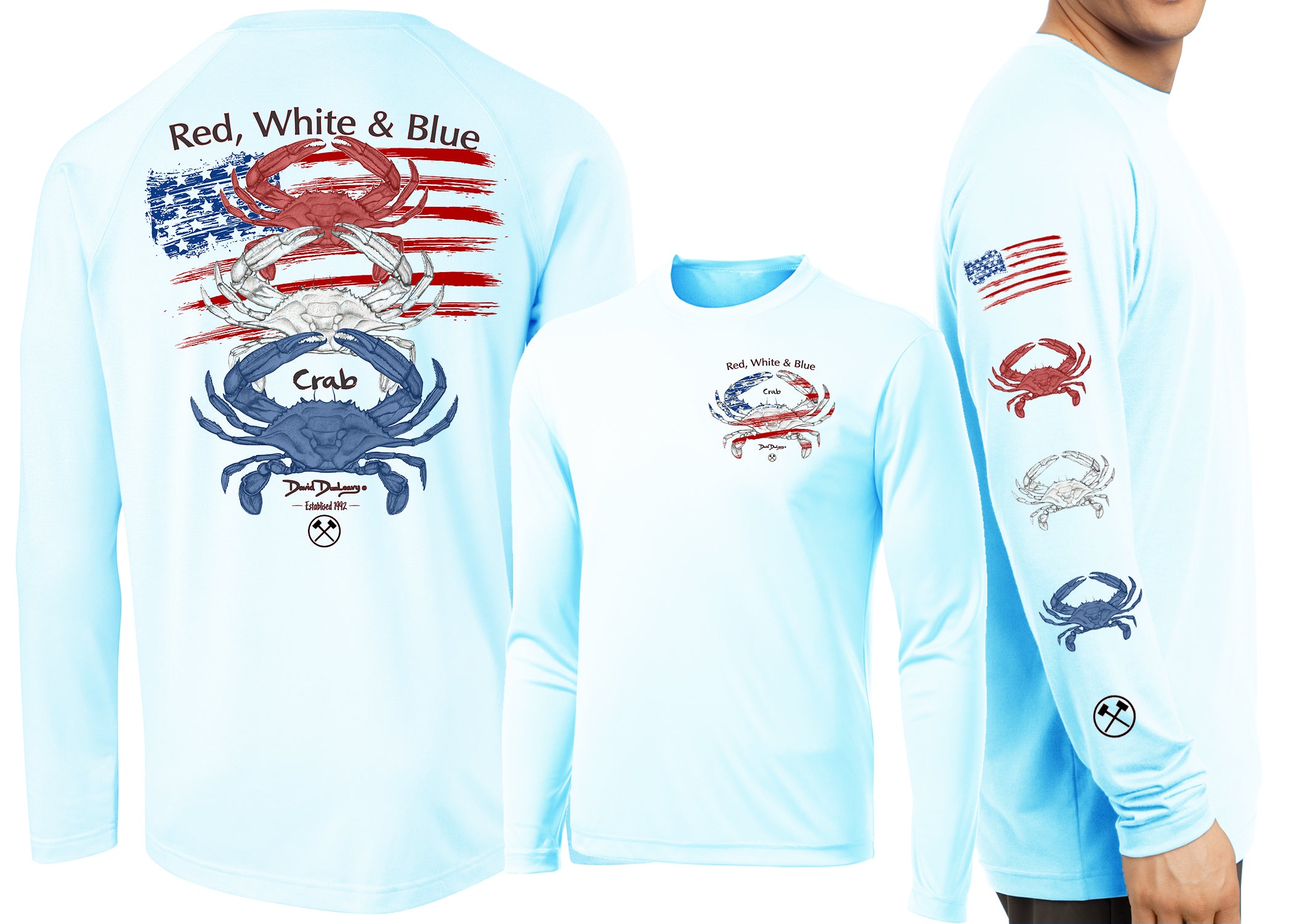 Men’s Performance Red White & Blue Crab Long Sleeve Small / Arctic Blue