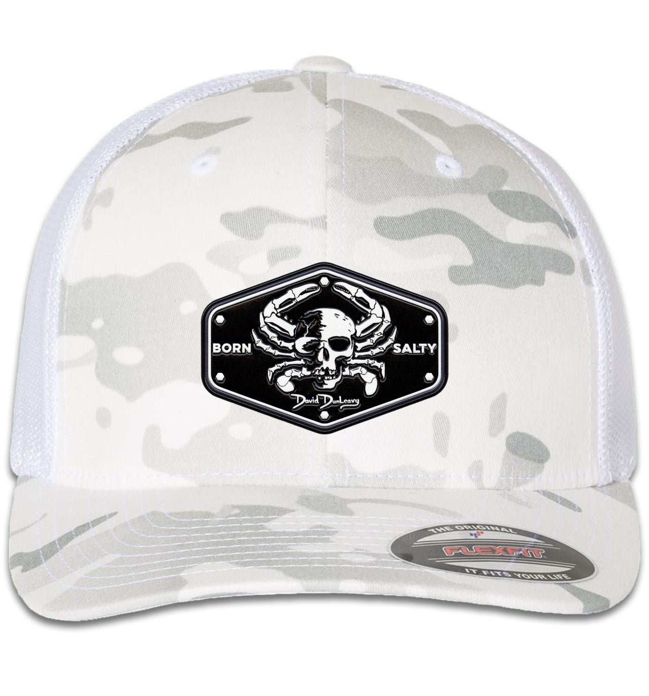 Born Salty Skull Crab 6 Panel Trucker Flexfit Mulitcam Alpine White Hat