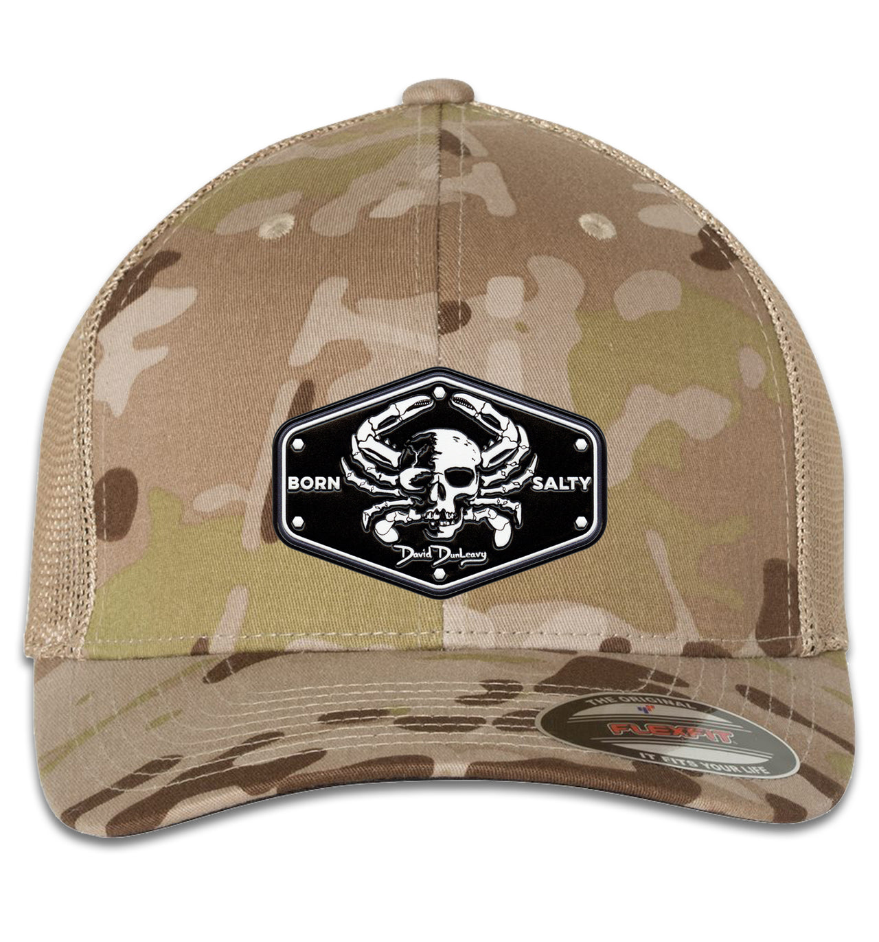 Born Salty Skull Crab 6 Panel Trucker Flexfit Multicam Camo Arid Tan