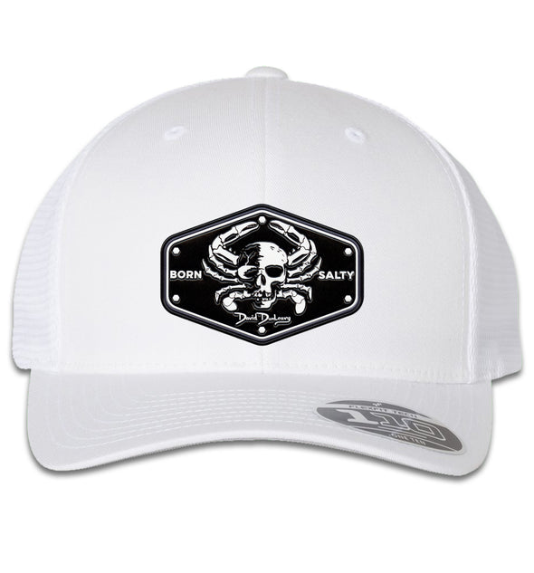 Born Salty Skull Crab 6 Panel Trucker Snap Back Hat White/White