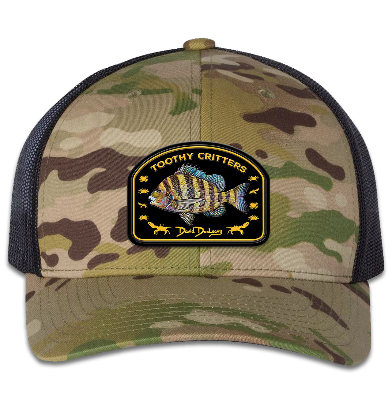 Sheepshead Toothy Critters 6 Panel Trucker Snapback Multicam Green Black Hat