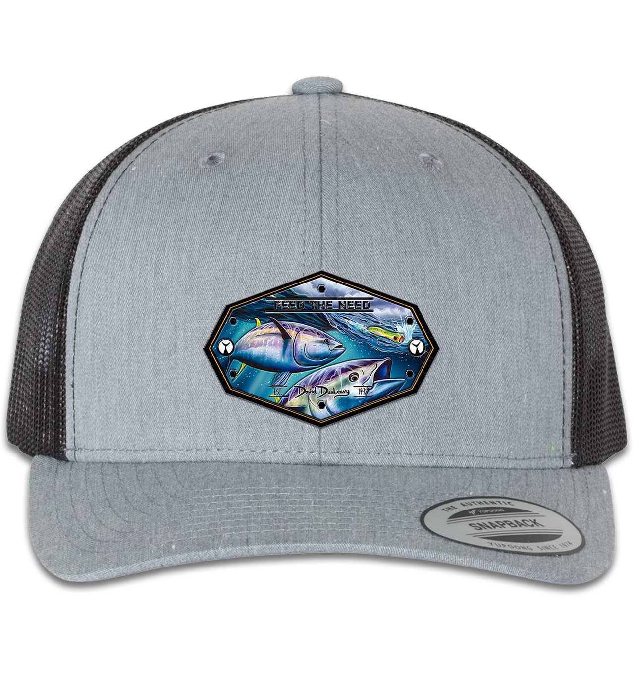 Bluefin Tuna 6 Panel Trucker Snapback Hat Heather Grey Black