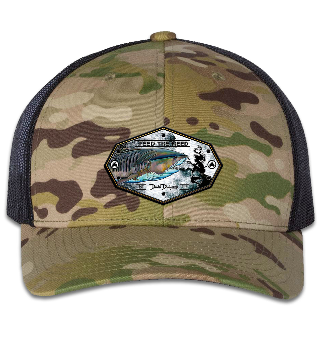 Tiger Shark & Mermaid 6 Panel Trucker Snapback Multicam Green Black Hat