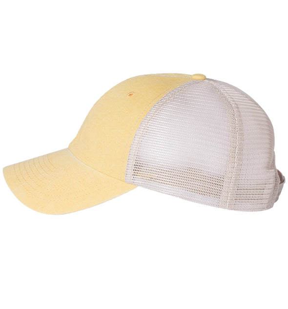 Flounder Deco 6 Panel Trucker Snap Back Pigment Dyed Yellow Stone Hat